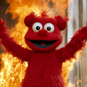 Joyful Red Puppet Amidst Flames