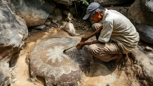 Man Painting Floral Rock Engraving