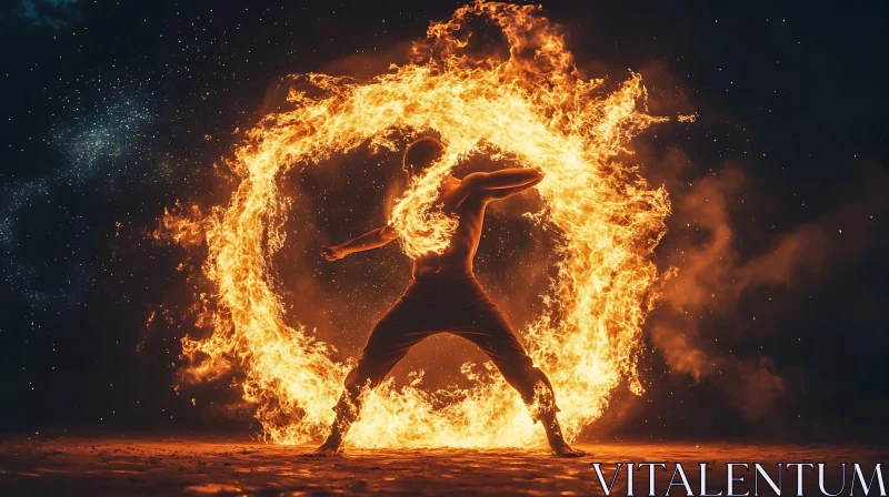 Nighttime Fire Dance Art with Lone Performer AI Image