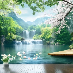 Peaceful Waterfall Lake with Floating Flowers