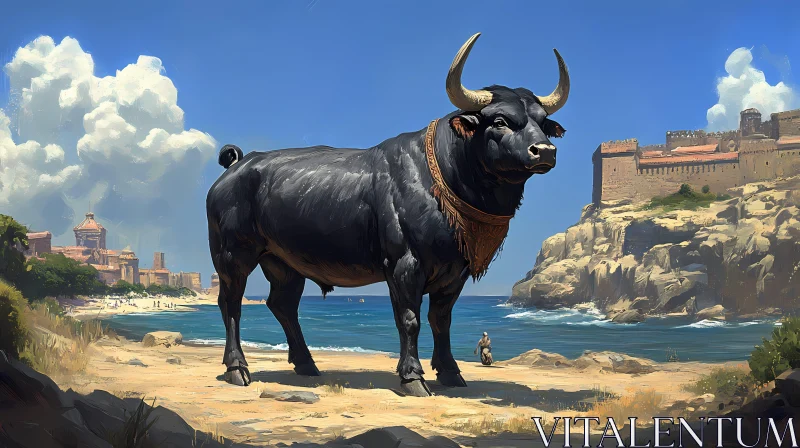 Majestic Beach Bull AI Image