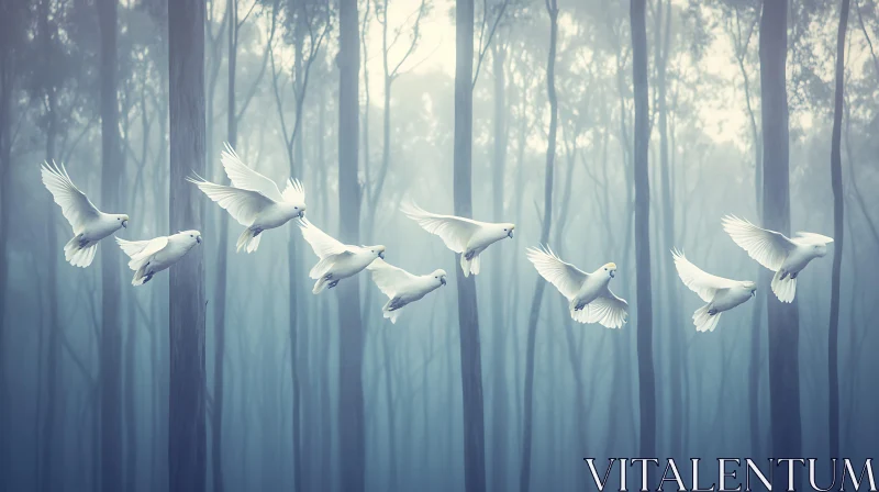 Ethereal Flight of Birds in Foggy Forest AI Image