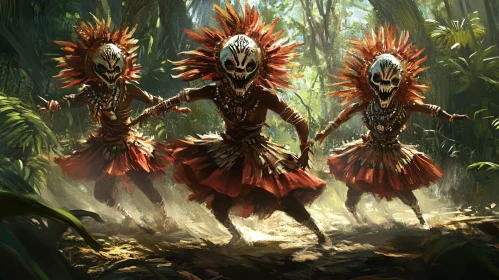 Masked Dancers in Jungle Clearing