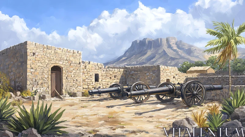 Ancient Cannons at Stone Fortress AI Image