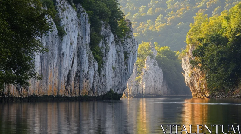 AI ART Tranquil River With Towering Cliffs and Sunlit Forest