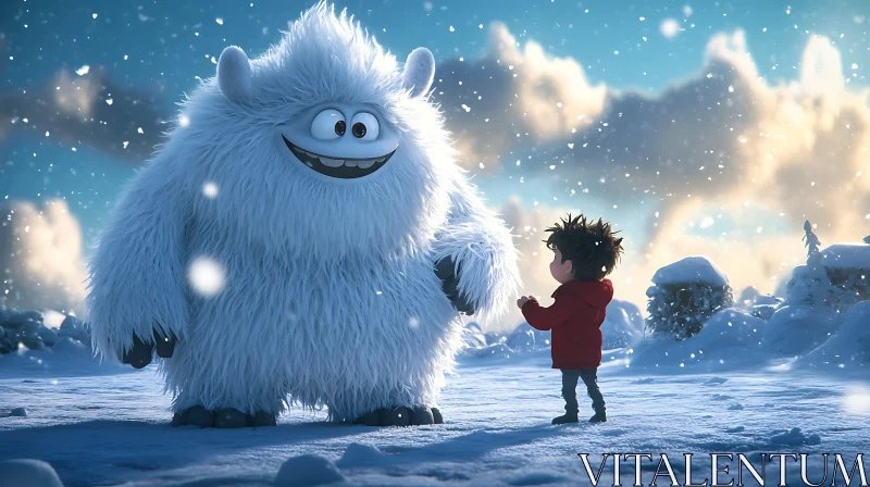 Winter Encounter: Yeti and Boy in Snow AI Image