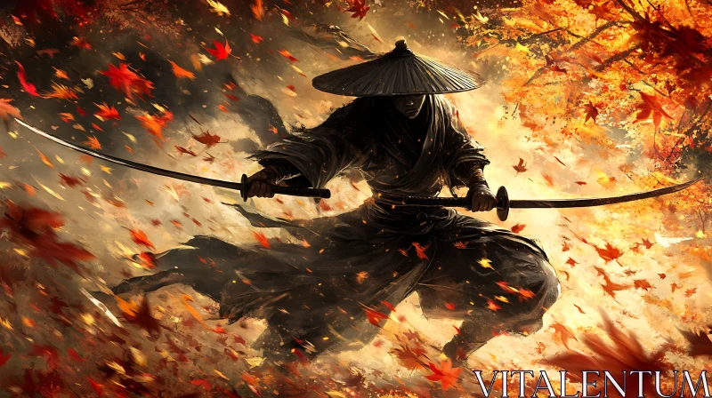 AI ART Dual Katana Samurai in Falling Leaves