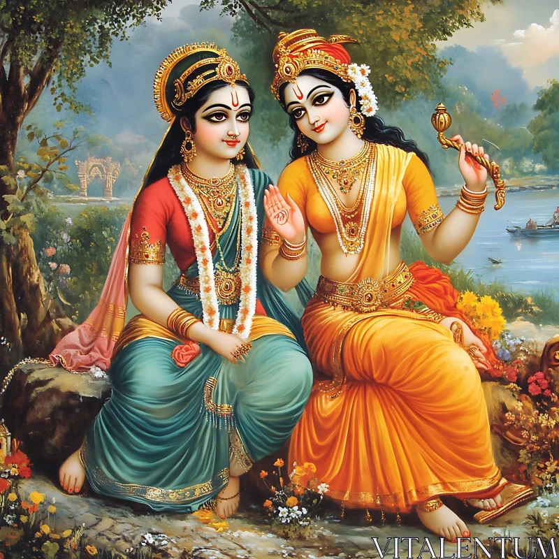 Indian Goddesses in Tranquil Landscape AI Image