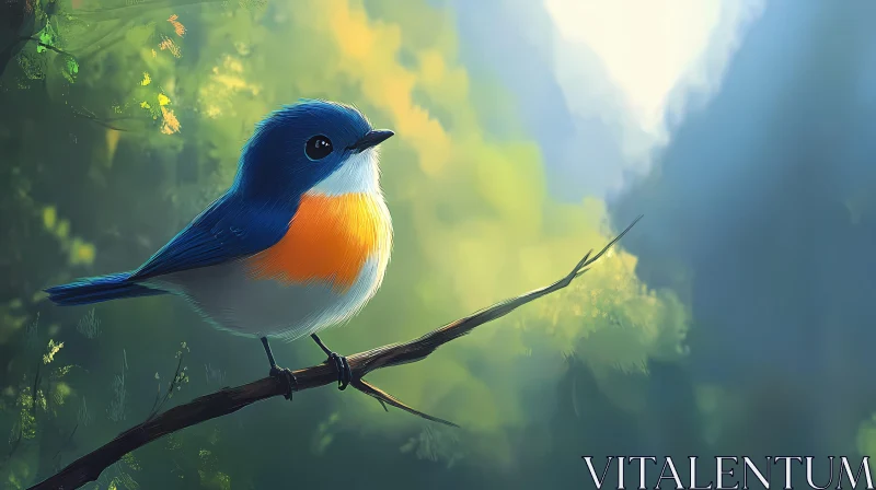 Serene Forest Scene with a Blue and Orange Bird AI Image