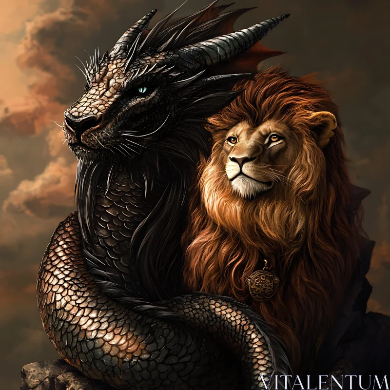 AI ART Mythical Alliance: Lion and Dragon United