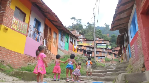 Kids on a Street with Painted Houses