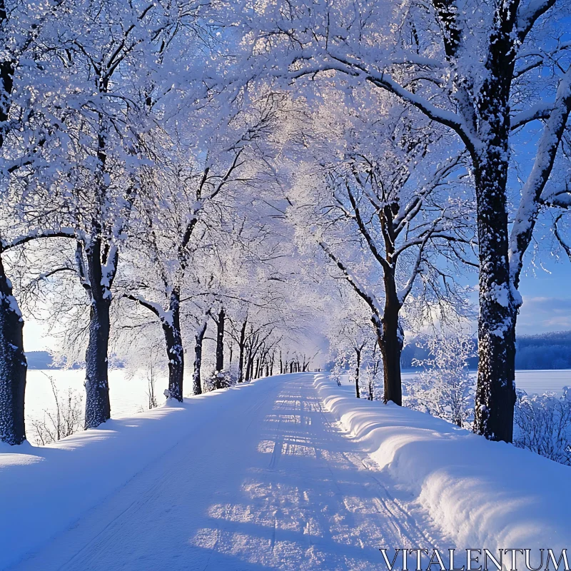 Serene Winter Landscape with Snow-Laden Trees and Path AI Image