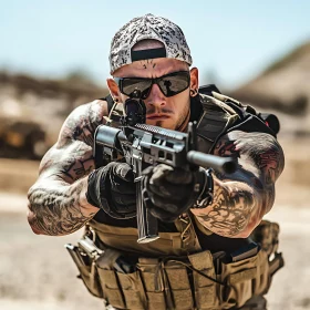 Tattooed Soldier Aiming Assault Rifle