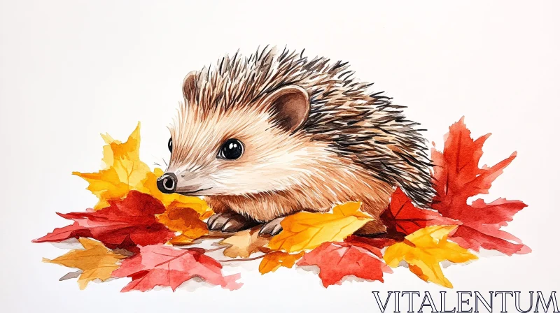 Hedgehog Illustration with Fall Foliage AI Image