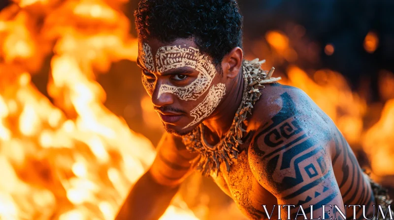 AI ART Tribal Man Portrait with Fiery Backdrop