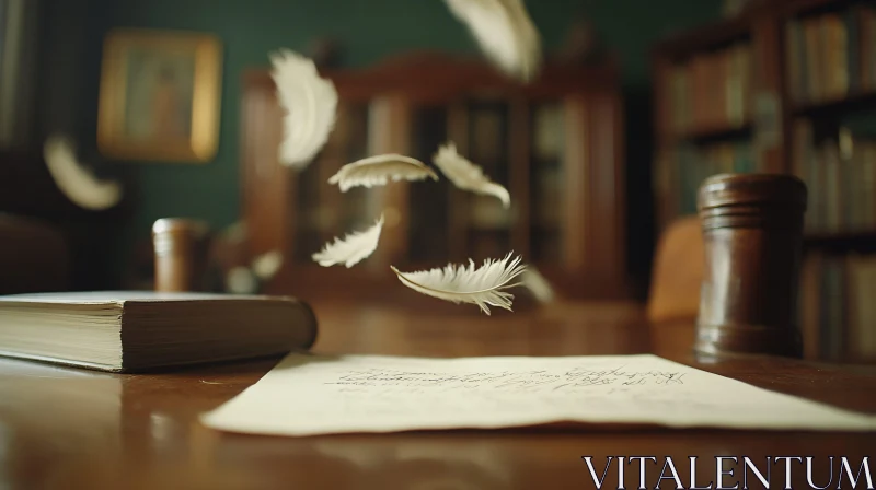 Feathers Dance Above the Writer's Desk AI Image