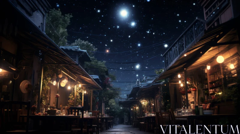 Enchanting Starry Night Over Traditional Japanese Inspired Street AI Image