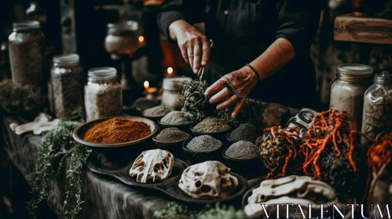 Enigmatic Witchcraft: Herbal Blends and Mysterious Rituals AI Image