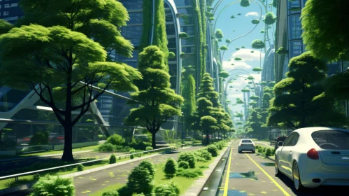 Ethereal Futuristic City with Lush Nature and Busy Streets