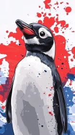 Abstract Penguin Art with Red, White, and Blue Splashes