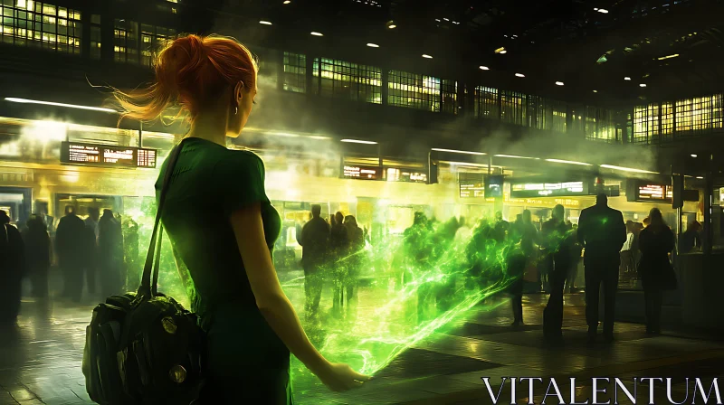 Woman Casting Spell at Train Station AI Image