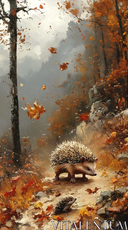 AI ART Hedgehogs on an Autumn Forest Path