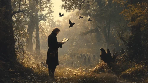 Man Reading in Misty Woods