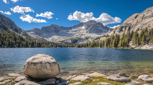 Tranquil Lake and Mountain Landscape with Foreground Boulder