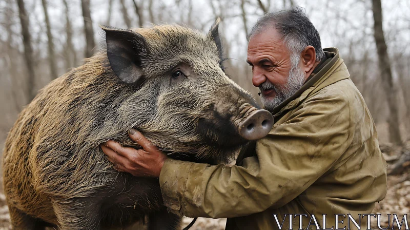 Connecting in Nature: Man and Wild Boar AI Image