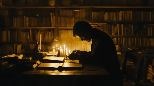 Man studying in candle light