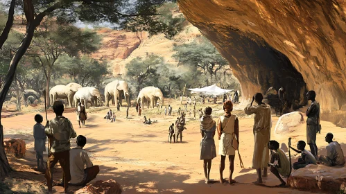 African Village Scene with Wildlife