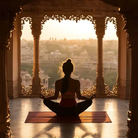 Woman Meditating with City View