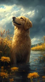 Dog in Flowered Landscape