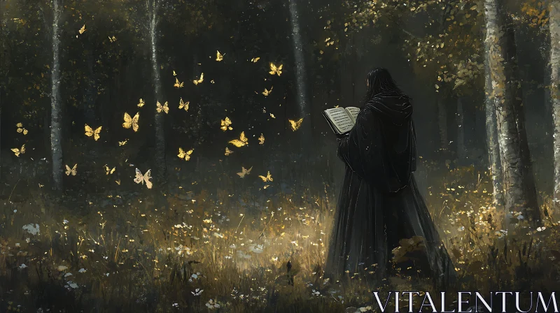 AI ART Forest Reader with Golden Butterflies