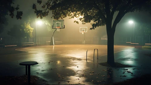 Nighttime Basketball Court Ambiance