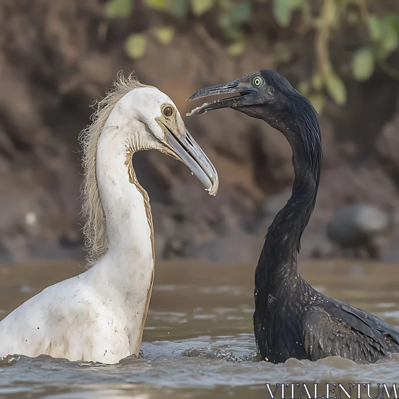 Contrasting Herons in Water AI Image