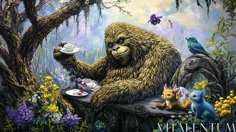 AI ART A Bigfoot having tea with forest animals