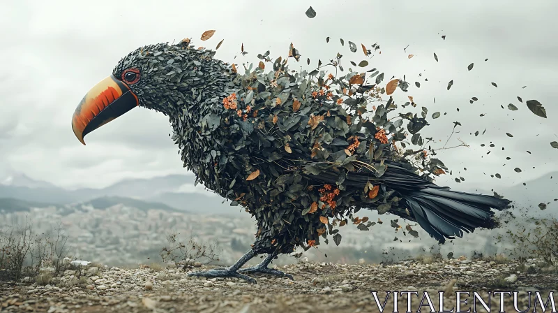 Bird Covered in Leaves on Hill AI Image