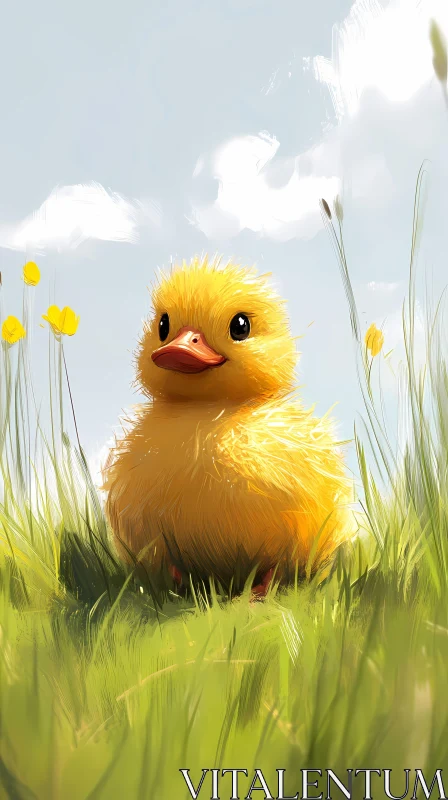 Cute Duckling Among Flowers AI Image