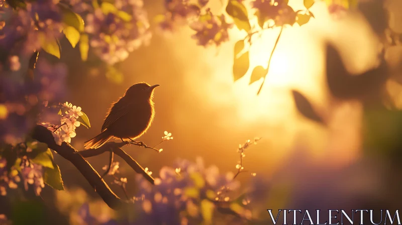 Bird and Blossoms in Golden Light AI Image