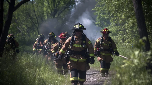 Heroic Firefighters in Action in Smoky Forest