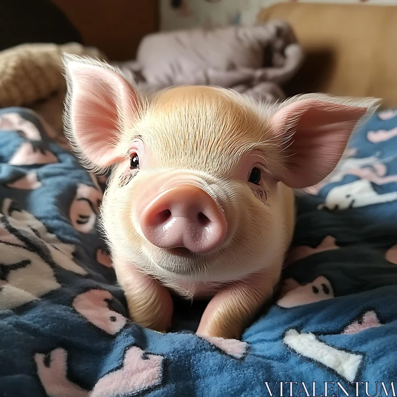 Innocent Baby Pig on Cozy Blanket AI Image