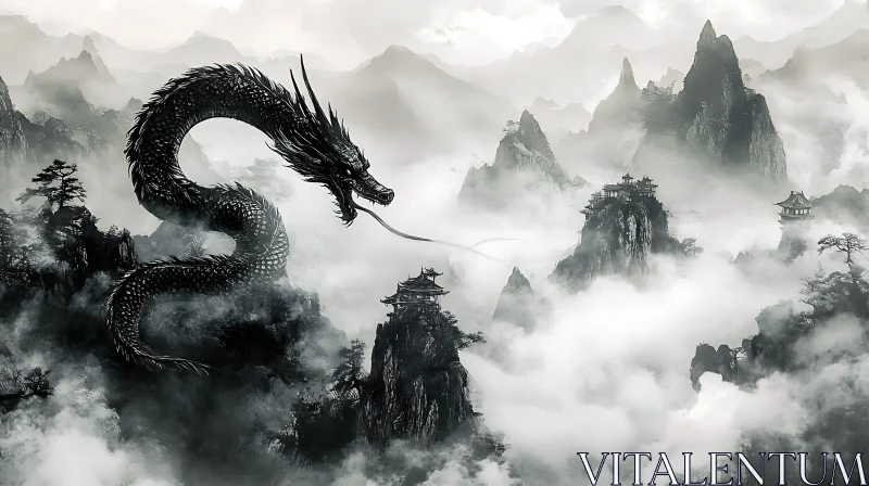 AI ART Serpentine Dragon Amidst Mountain Peaks