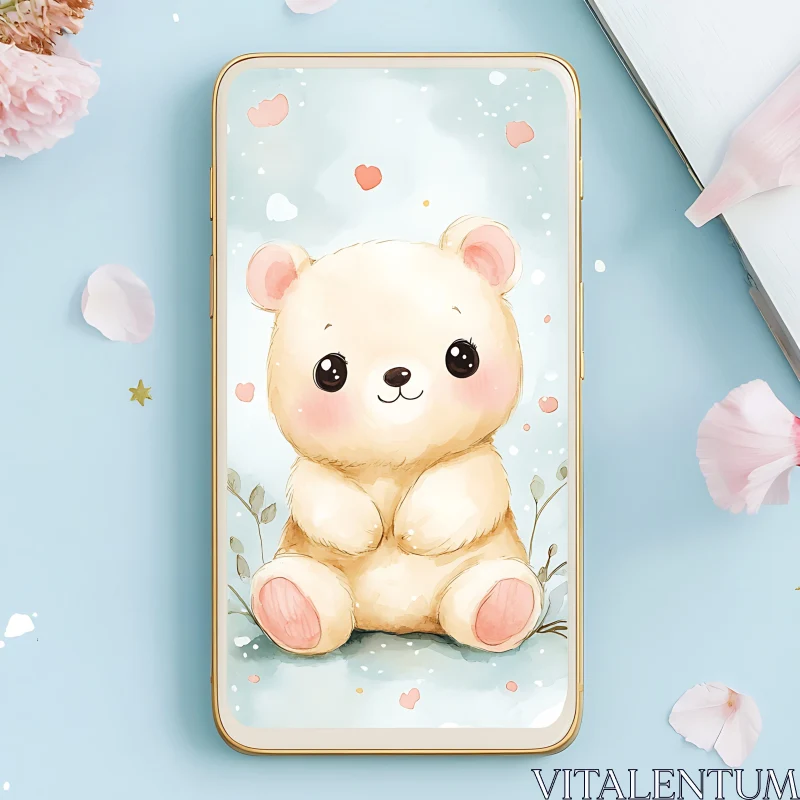 Cute Teddy Bear Drawing on Phone Display AI Image