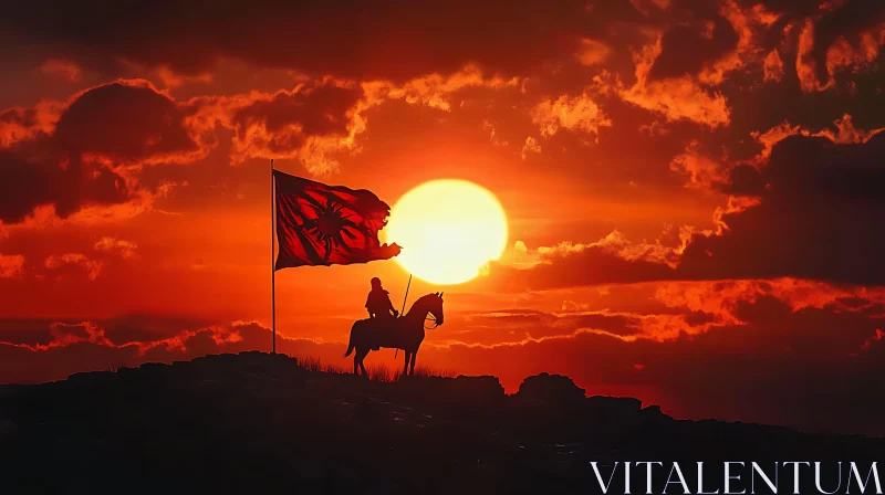 Rider with Flag at Fiery Sunset AI Image