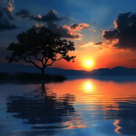 Sunset Over Lake with Tree Silhouette