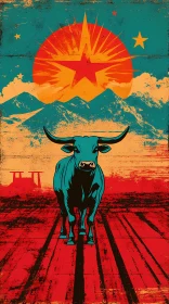 Bold Bull Illustration with Mountains and Star