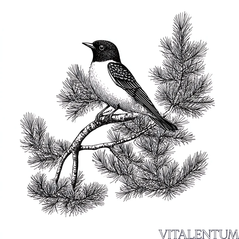 Bird Perched on Pine Branch Art AI Image