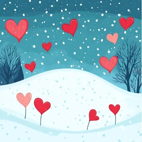 Floating Hearts in Winter Snow Landscape