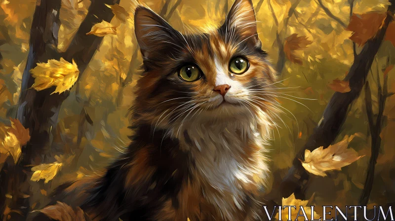 Feline Grace Among Falling Leaves AI Image